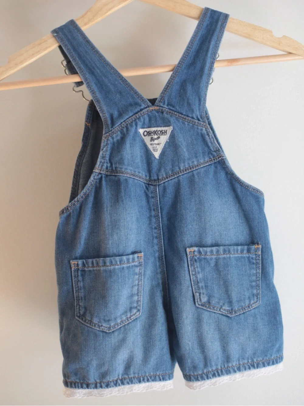 OshKosh B'gosh Medium Blue Denim Short Overalls with Lace Hem 2T